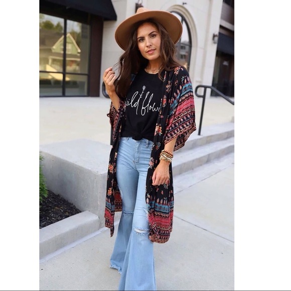 Boho Mixed Pattern Flowy Sleeve Kimono - Picture 4 of 6